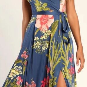Lulu's One Shoulder Floral Blue Backless Maxi Dress